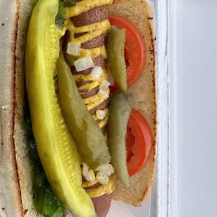 a hot dog with pickles and tomatoes