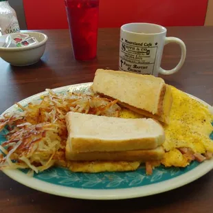 Standard breaky plate, eggs, bacon, hashbrowns, toast &amp; coffee.