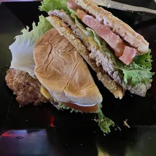 Grilled tenderloin. With tomato, lettuce, pickles, cheese and Mayo. Ps. That tomato was thick!Not a thin tenderloin.