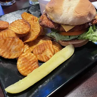 I loveeeeee this fried chicken sandwich! Plus I just had to have a side of buffalo chips and Queso!
