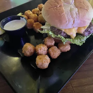 Yummy cheese burger and cheese balls!