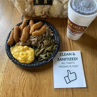 Large BBQ Plate with 2 Fixin&apos;s, Pork Rinds, and a Drink