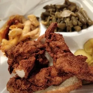 Chicken tender meal with green beans and mac and cheese. (Took a bite of the chicken before the photo.)