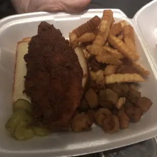 Boneless chicken breast, fries and okra.