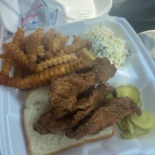 Hand cut chicken with frys and slaw