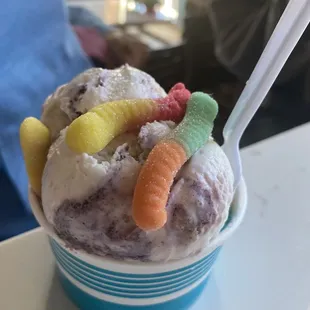 So many fun toppings (blackberry ice cream)