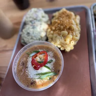 Brisket beans , red potato salad , Mac n cheese