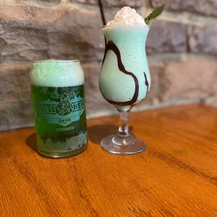 a green drink and a glass of ice cream