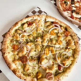 Chicken Basil Pizza with red onions and sliced grape tomatoes