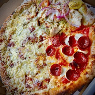 Included 1/2 cheese sticks, 1 slice pepperoni, and 1 slice of chicken pesto. This is a by the slice pizzeria - $4 basic and $4.50 specialty