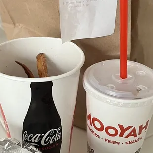 MOOYAH cheeseburger, personal fries and a regular Coke Zero.
