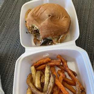 Mushroom burger w sweet potato fries and Idaho fries