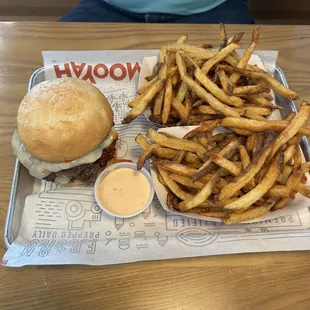 Gluten free burger with shareable fries and mooyah sauce