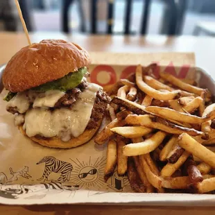 a burger and fries
