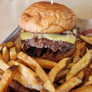 Cheddar Bacon BBQ Burger (comes with grilled onions), and added sauteed mushrooms. Excellent!