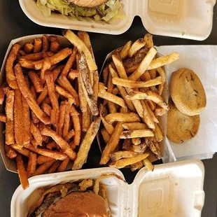 MOOYAH Cheeseburger,  The Best Quesonario, Personal Hand-Cut Fries, Personal Sweet Potato Fries, Chocolate Chip Cookie
