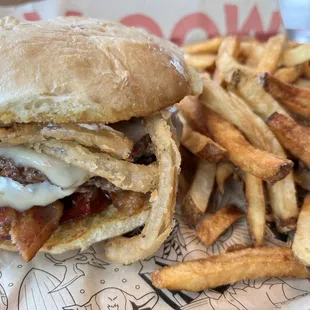 Indulgent BBQ burger with hand-cut fries