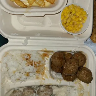 Mixed the creme of mushroom meatballs w the Teri meatballs along w a small 94block fries. Found my new dinner spot!  Only half eaten!