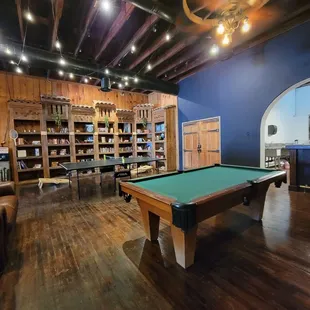 Pool table, ping pong table, books