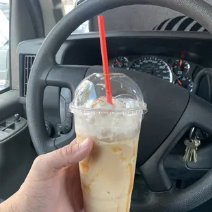 Large Horchata Frappuccino, with caramel swirl (partially drank sorry)