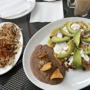 Chilaquiles verdes (no eggs for me) and hash browns