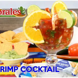 shrimp cocktail with chips and guacamole