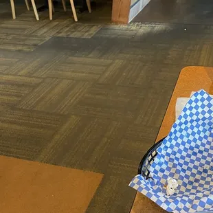 The carpeting that has been there for a very long time and really needs a good scrubbing.