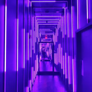 a hallway with purple lighting