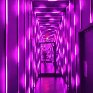 a hallway with purple lighting