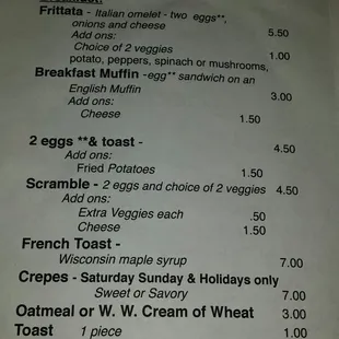 a menu for breakfast