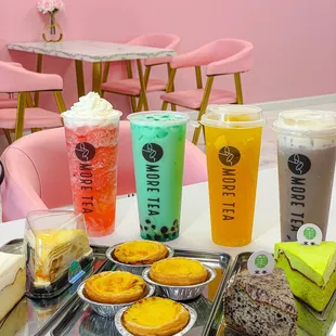 a variety of drinks and desserts