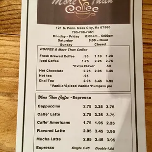 a menu for a coffee shop