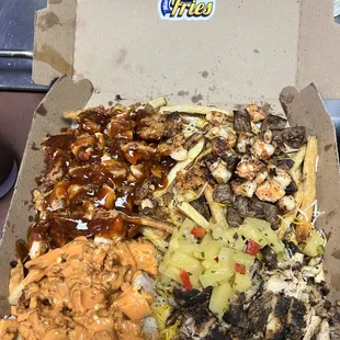 Buffalo chicken, jerk chicken, surf n turf, bbq chicken fries