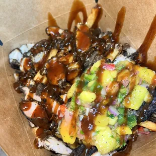 Jerk chicken fries with pineapple salsa