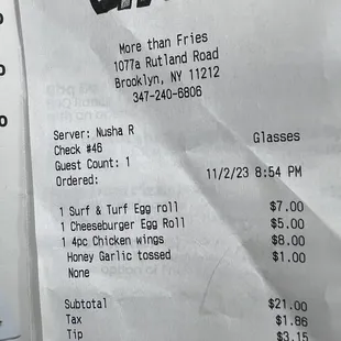 Receipt from Extremely Rude Employee giving horrible Customer service ,she didn't ask me my name and just put "Glasses "