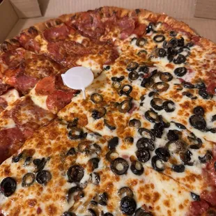 Half and half special.  pepperoni and salami/ garlic and olive