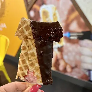 @feisty.eats Strawberry cheesecake paleta in a waffle burrito with a half chocolate dip