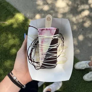 a hand holding a chocolate covered ice cream cone