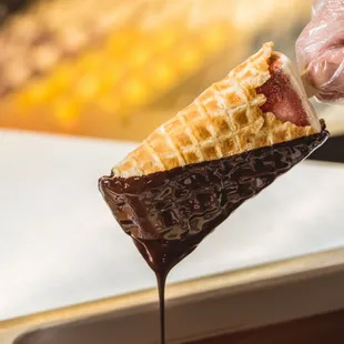 Strawberry Cheesecake Paleta wrapped in a Waffle Burrito &amp; dipped in Dark Chocolate