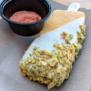 Custom Mango Paleta: Toppings of Pistachios + White Chocolate + Sweet Chili Powder