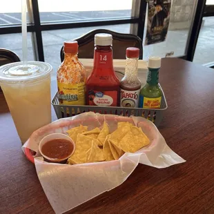 Table salsa and house chips and salsa