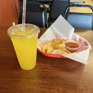Aqua Fresca and house chips and salsa