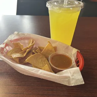 Chips and salsa - pineapple drink