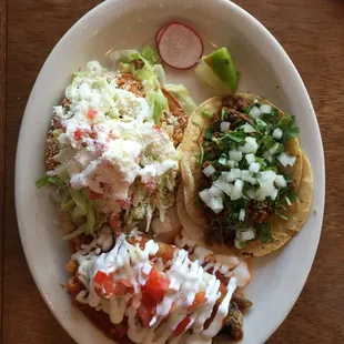Combo Platter $11.99.  Chicken tostada, chili relleno and steak taco, side of fresh lime.