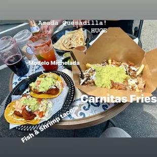 Fish and shrimp tacos, asada quesadilla, carnitas friend and a Modelo Michelada