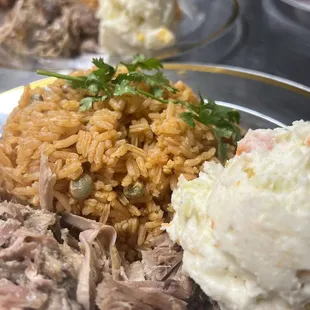 Arroz con Guandules, pernil and potato salad
