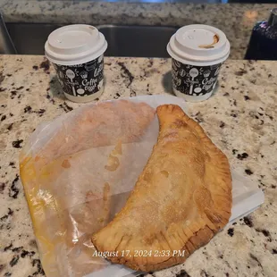Cuban coffee. Beef and chicken empanada.