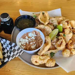 Chicharon appetizer (came with beans and green salsa) yummy!