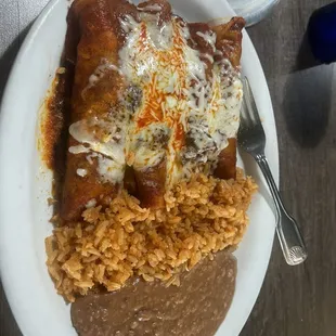 4 Enchildas, Asada, Red sauce, with Rice &amp; Beans.