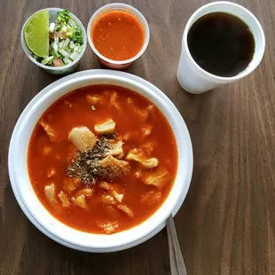 a bowl of soup and a cup of coffee